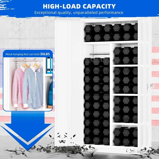 Alt view image 7 of 7 - 72" Metal Wardrobe Storage Cabinet Armoire, Locking Cabinet Locker with Hanging Rod, Steel Garage Storage Closet with 4 Adjustable Shelves for Office, Home, Employee, Broom(White)