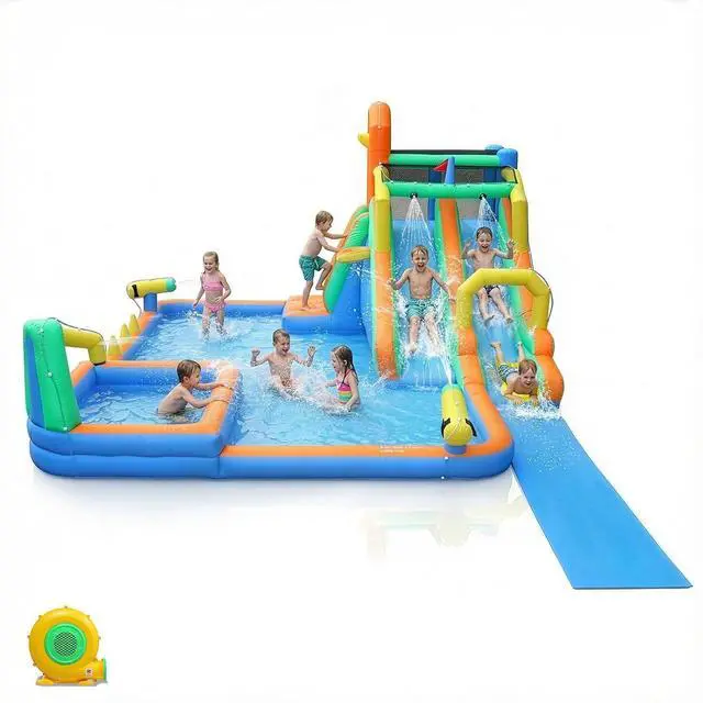 Main image of Inflatable Water Park, Outdoor Water Play Equipment Featuring Double Slides, Extended Long Slide, Climbing Wall and Large Splash Pool, Comes with Matching Air Blower, Yellow & Green