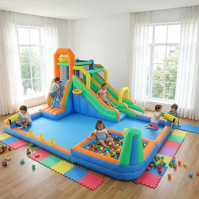 Alt view image 5 of 7 - Inflatable Water Park, Outdoor Water Play Equipment Featuring Double Slides, Extended Long Slide, Climbing Wall and Large Splash Pool, Comes with Matching Air Blower, Yellow & Green