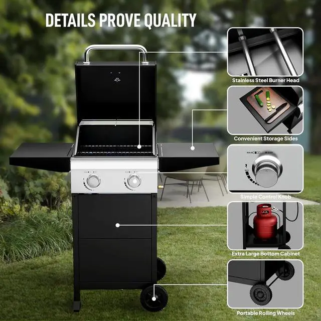 Alt view image 5 of 7 - 2 Burners Portable Gas Grill with Enameled Cast Iron Grates, Powerful 24,000 BTU Propane Grill with Side Shelf & Bottom Cabinet, Outdoor Grill with Wheels for Patio Backyard Garden BBQ Use
