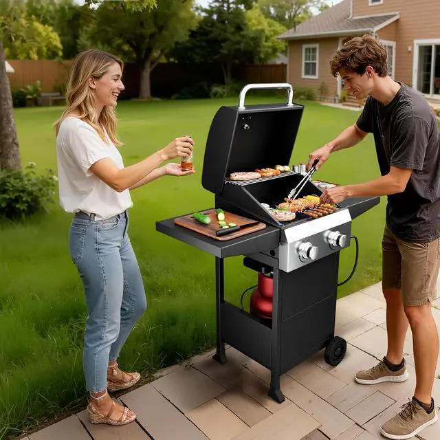 Alt view image 7 of 7 - 2 Burners Portable Gas Grill with Enameled Cast Iron Grates, Powerful 24,000 BTU Propane Grill with Side Shelf & Bottom Cabinet, Outdoor Grill with Wheels for Patio Backyard Garden BBQ Use