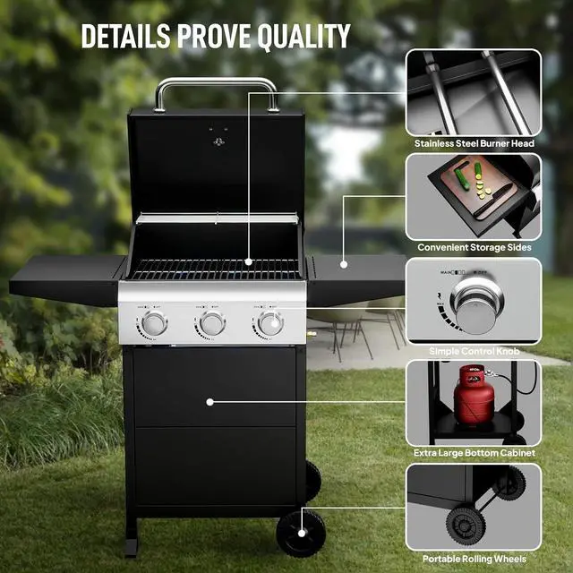 Alt view image 5 of 7 - 3 Burners Portable Gas Grill with Enameled Cast Iron Grates, Powerful 36,000 BTU Propane Grill with Side Shelf & Bottom Cabinet, Outdoor Grill with Wheels for Patio Backyard Garden BBQ Use