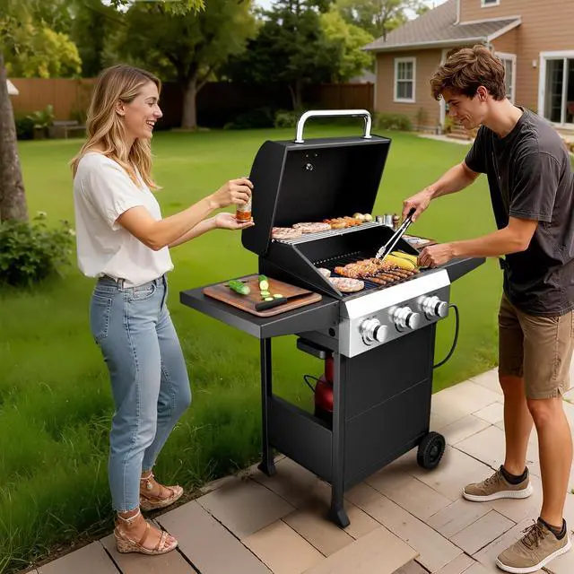 Alt view image 7 of 7 - 3 Burners Portable Gas Grill with Enameled Cast Iron Grates, Powerful 36,000 BTU Propane Grill with Side Shelf & Bottom Cabinet, Outdoor Grill with Wheels for Patio Backyard Garden BBQ Use