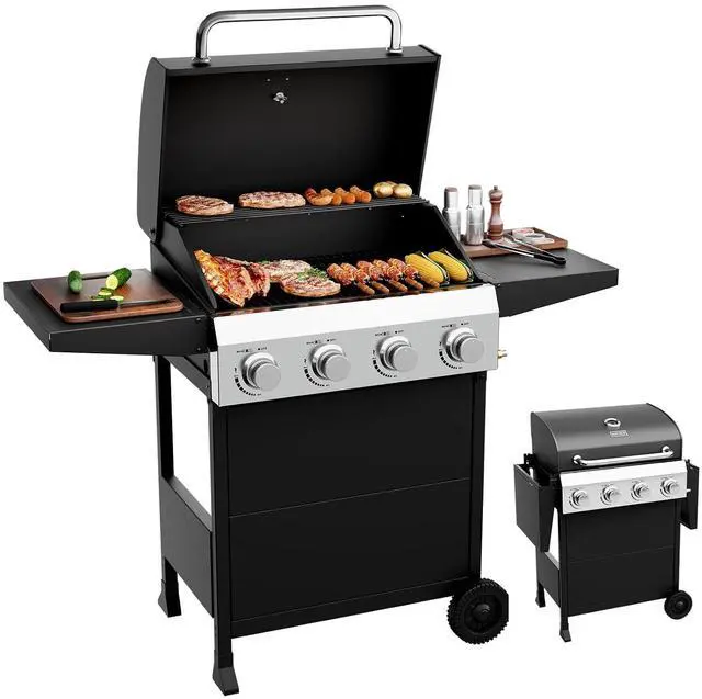 Main image of 4 Burners Portable Gas Grill with Enameled Cast Iron Grates, Powerful 40,000 BTU Propane Grill with Side Shelf & Bottom Cabinet, Outdoor Grill with Wheels for Patio Backyard Garden BBQ Use