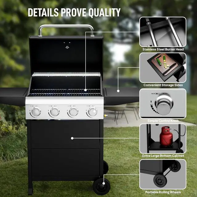 Alt view image 5 of 7 - 4 Burners Portable Gas Grill with Enameled Cast Iron Grates, Powerful 40,000 BTU Propane Grill with Side Shelf & Bottom Cabinet, Outdoor Grill with Wheels for Patio Backyard Garden BBQ Use