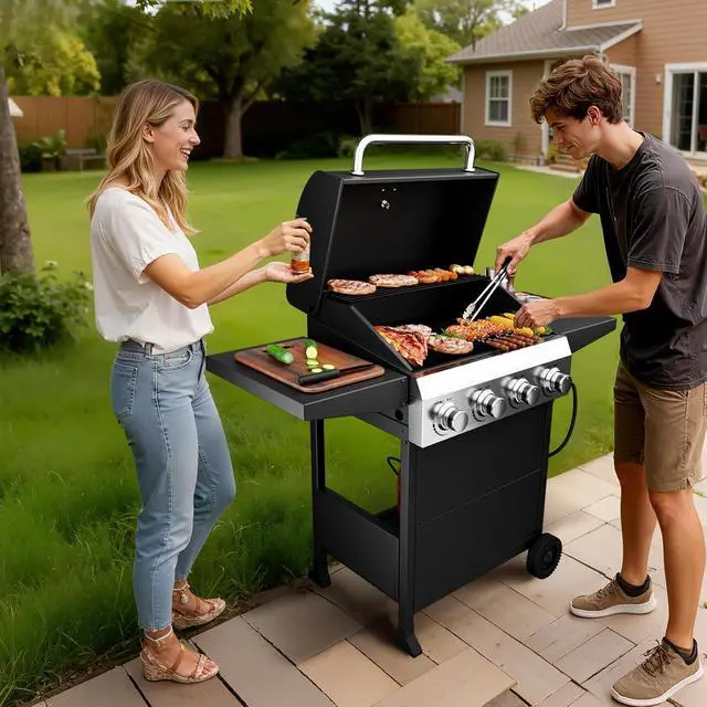 Alt view image 7 of 7 - 4 Burners Portable Gas Grill with Enameled Cast Iron Grates, Powerful 40,000 BTU Propane Grill with Side Shelf & Bottom Cabinet, Outdoor Grill with Wheels for Patio Backyard Garden BBQ Use
