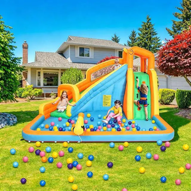 Alt view image 3 of 6 - Inflatable Water Slide Park wtih Splash Pool, Climbing Wall, Water Cannon, Backyard Outdoor Fun Summer Water Plays for Party Birthday Gift (Orange & Yellow)