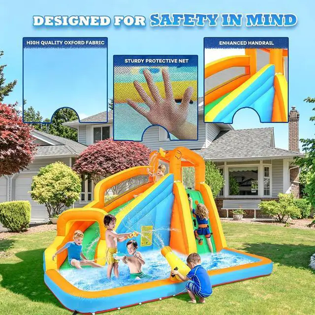 Alt view image 4 of 6 - Inflatable Water Slide Park wtih Splash Pool, Climbing Wall, Water Cannon, Backyard Outdoor Fun Summer Water Plays for Party Birthday Gift (Orange & Yellow)