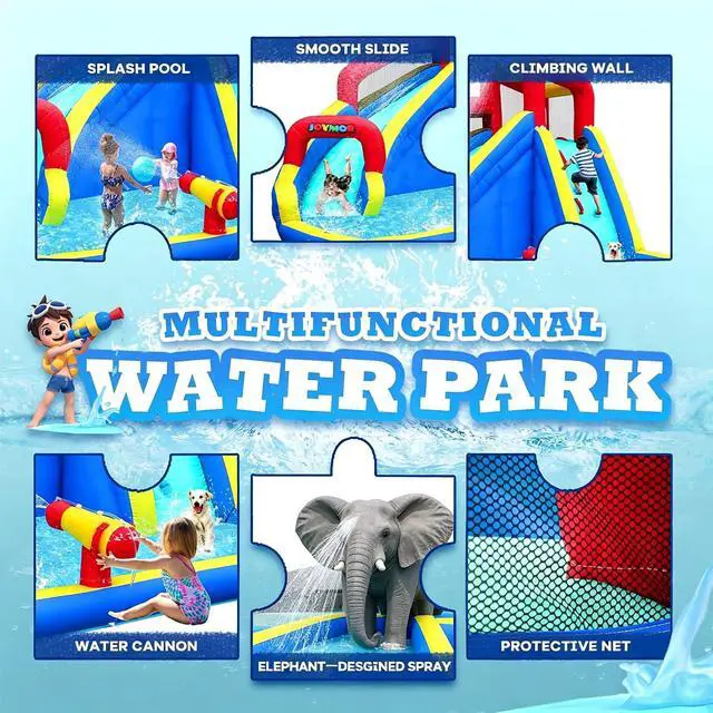 Alt view image 2 of 7 - Inflatable Water Slide Park wtih Splash Pool, Climbing Wall, Water Cannon,Blow up Water Slides for Backyard Outdoor Fun Summer Water Plays for Party Birthday Gift (Blue & Red)