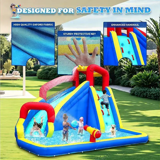 Alt view image 3 of 7 - Inflatable Water Slide Park wtih Splash Pool, Climbing Wall, Water Cannon,Blow up Water Slides for Backyard Outdoor Fun Summer Water Plays for Party Birthday Gift (Blue & Red)