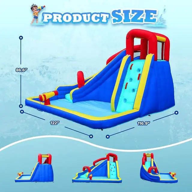 Alt view image 5 of 7 - Inflatable Water Slide Park wtih Splash Pool, Climbing Wall, Water Cannon,Blow up Water Slides for Backyard Outdoor Fun Summer Water Plays for Party Birthday Gift (Blue & Red)
