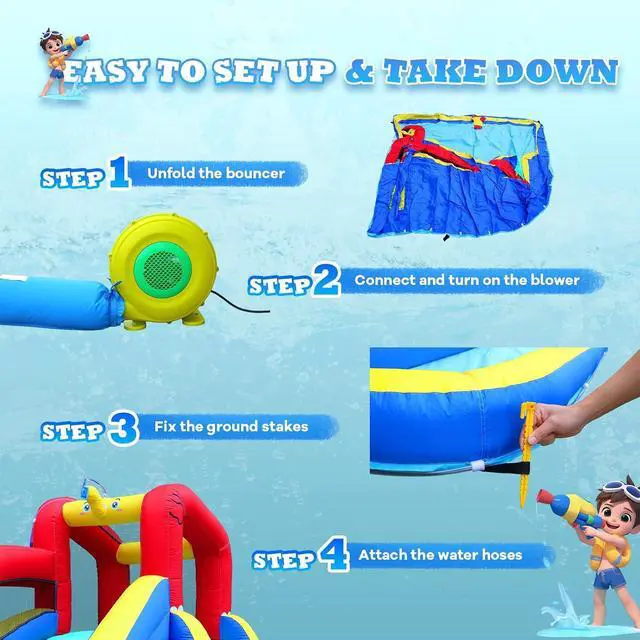 Alt view image 6 of 7 - Inflatable Water Slide Park wtih Splash Pool, Climbing Wall, Water Cannon,Blow up Water Slides for Backyard Outdoor Fun Summer Water Plays for Party Birthday Gift (Blue & Red)