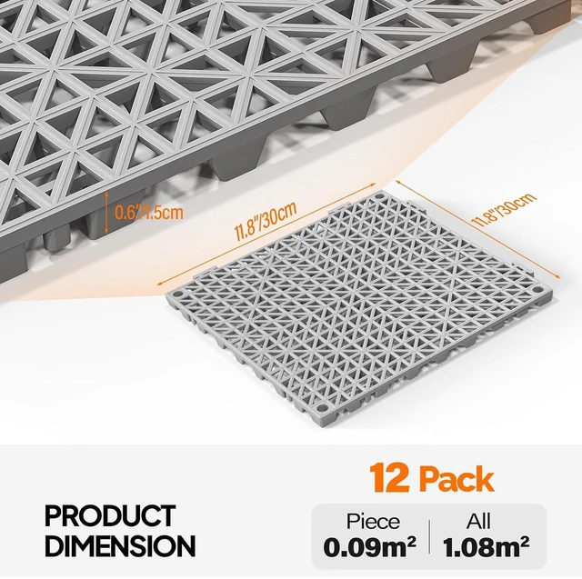 Alt view image 7 of 7 - 12''x12'' PVC Interlocking Floor Tile, 12 Pack Grey Anti-Fatigue Floor Mat, Restaurant Drainage Kitchen Mat, Cushioned Flooring Mat, Non-Slip Garden Tile for Poolside, Wet Area, Deck