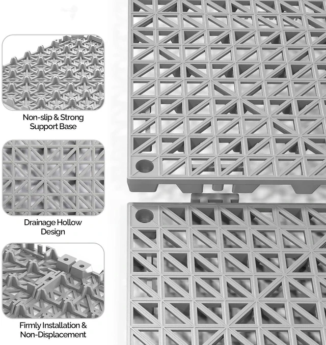 Alt view image 4 of 7 - 12''x12'' PVC Interlocking Floor Tile, 12 Pack Grey Anti-Fatigue Floor Mat, Restaurant Drainage Kitchen Mat, Cushioned Flooring Mat, Non-Slip Garden Tile for Poolside, Wet Area, Deck