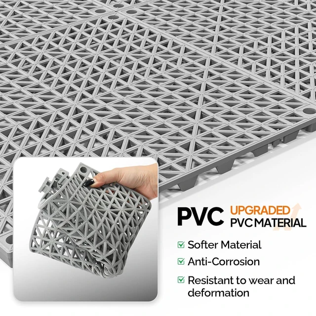 Alt view image 5 of 7 - 12''x12'' PVC Interlocking Floor Tile, 12 Pack Grey Anti-Fatigue Floor Mat, Restaurant Drainage Kitchen Mat, Cushioned Flooring Mat, Non-Slip Garden Tile for Poolside, Wet Area, Deck
