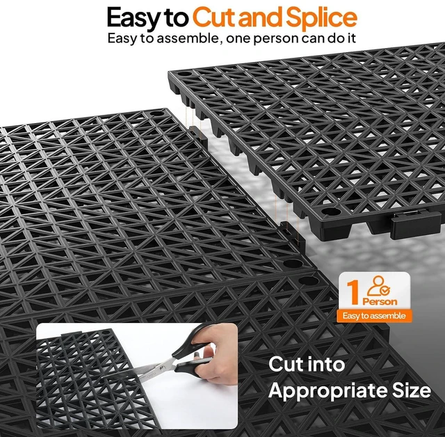 Alt view image 2 of 7 - 12''x12'' PVC Interlocking Floor Tile, 55 Pack Black Anti-Fatigue Floor Mat, Restaurant Drainage Kitchen Mat, Cushioned Flooring Mat, Non-Slip Garden Tile for Poolside, Wet Area, Deck Tiles