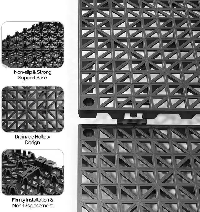 Alt view image 4 of 7 - 12''x12'' PVC Interlocking Floor Tile, 55 Pack Black Anti-Fatigue Floor Mat, Restaurant Drainage Kitchen Mat, Cushioned Flooring Mat, Non-Slip Garden Tile for Poolside, Wet Area, Deck Tiles