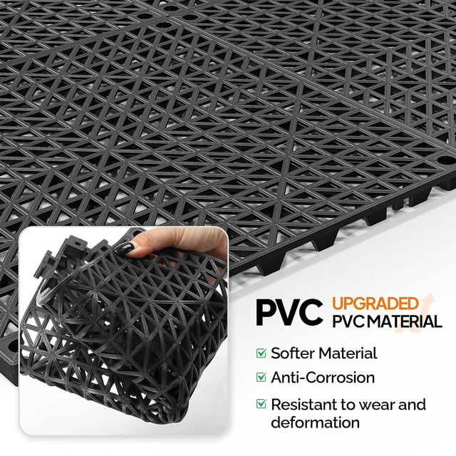 Alt view image 5 of 7 - 12''x12'' PVC Interlocking Floor Tile, 55 Pack Black Anti-Fatigue Floor Mat, Restaurant Drainage Kitchen Mat, Cushioned Flooring Mat, Non-Slip Garden Tile for Poolside, Wet Area, Deck Tiles