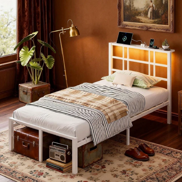 Main image of Twin Bed Frame with Headboard and Wooden Storage Shelf,10.4" Height Under Bed Storage Space,Charging Station and LED Lights,Sturdy & Stable,Embedded Design,Easy Assembly,White (White)