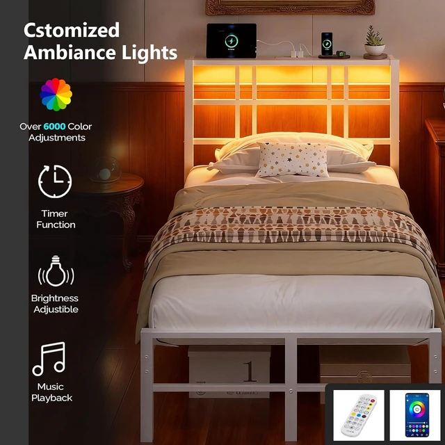 Alt view image 3 of 7 - Twin Bed Frame with Headboard and Wooden Storage Shelf,10.4" Height Under Bed Storage Space,Charging Station and LED Lights,Sturdy & Stable,Embedded Design,Easy Assembly,White (White)