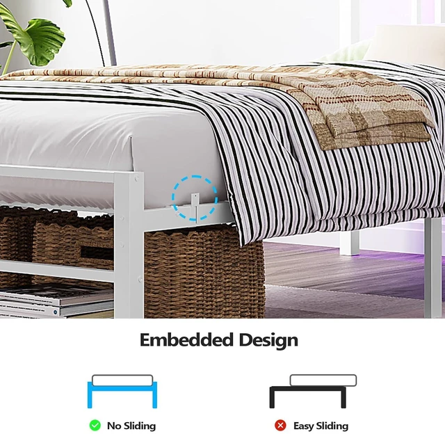 Alt view image 5 of 7 - Twin Bed Frame with Headboard and Wooden Storage Shelf,10.4" Height Under Bed Storage Space,Charging Station and LED Lights,Sturdy & Stable,Embedded Design,Easy Assembly,White (White)