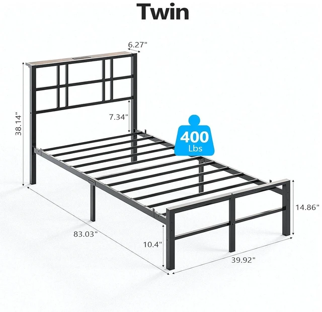 Alt view image 2 of 7 - Twin Bed Frame with Headboard and Wooden Storage Shelf,10.4" Height Under Bed Storage Space,Charging Station and LED Lights,Sturdy & Stable,Embedded Design,Easy Assembly,Black.