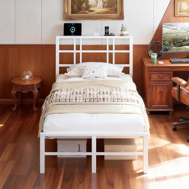 Alt view image 6 of 7 - Twin Bed Frame with Headboard and Wooden Storage Shelf,10.4" Height Under Bed Storage Space,Charging Station and LED Lights,Sturdy & Stable,Embedded Design,Easy Assembly,White (White)