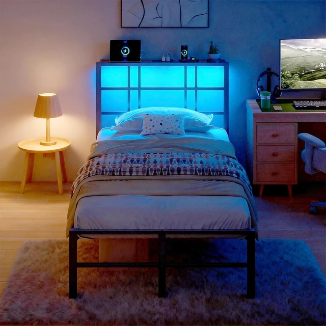 Alt view image 3 of 7 - Twin Bed Frame with Headboard and Wooden Storage Shelf,10.4" Height Under Bed Storage Space,Charging Station and LED Lights,Sturdy & Stable,Embedded Design,Easy Assembly,Black.