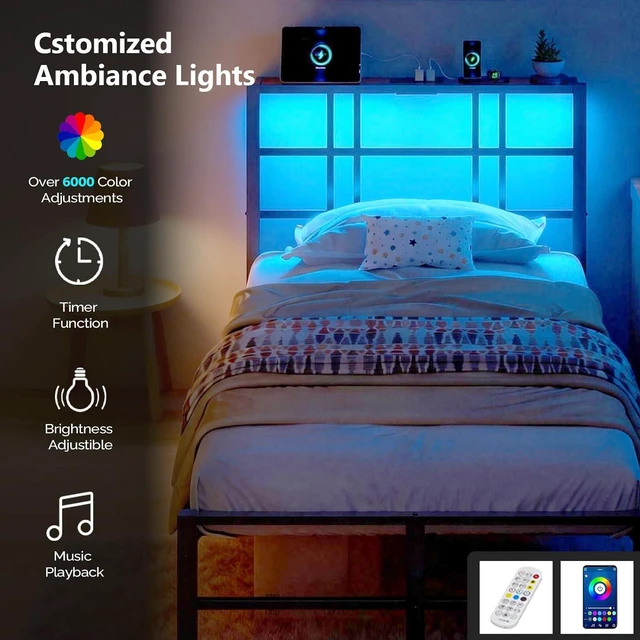 Alt view image 6 of 7 - Twin Bed Frame with Headboard and Wooden Storage Shelf,10.4" Height Under Bed Storage Space,Charging Station and LED Lights,Sturdy & Stable,Embedded Design,Easy Assembly,Black.