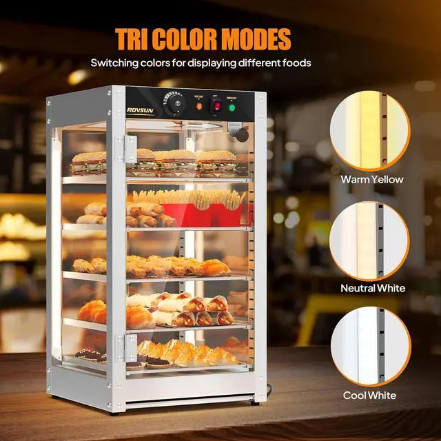 Alt view image 5 of 7 - Commercial Food Warmer Display with Tri-Colors and Adjustable Shelf, 5-Tier Electric Countertop Warmers for Hamburger, Chicken, Bread, Pizza Warmer in Restaurant, Cafe, Store 800W 86-185