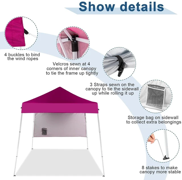 Alt view image 5 of 7 - 6x6 Pop Up Canopy Tent, Outdoor Foldable Easy Up Party Tent with 1 Sidewall, Slant Legs Portable Gazebo for Camping, Parties (Pink)