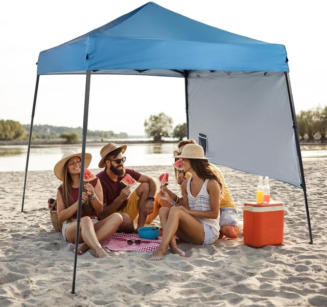 Alt view image 2 of 7 - 6x6 Pop Up Canopy Tent, Outdoor Foldable Easy Up Party Tent with 1 Sidewall, Slant Legs Portable Gazebo for Camping, Parties (Blue)