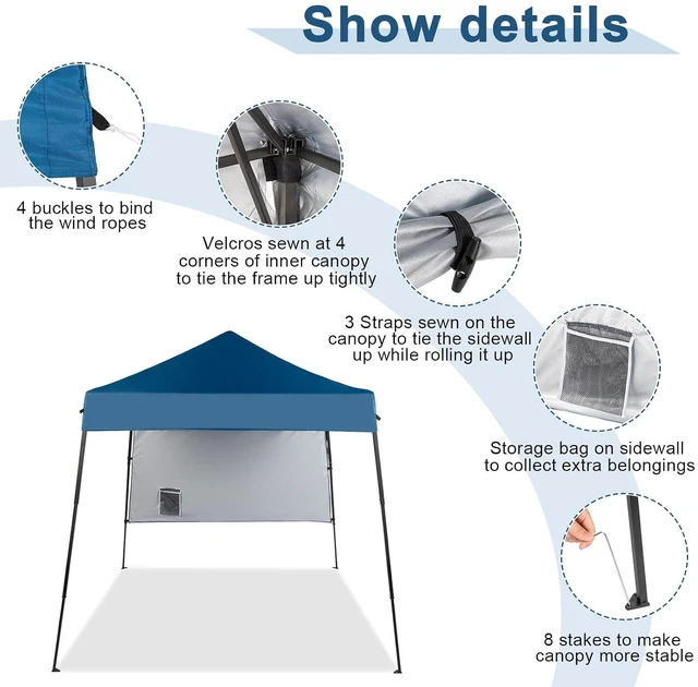 Alt view image 5 of 7 - 6x6 Pop Up Canopy Tent, Outdoor Foldable Easy Up Party Tent with 1 Sidewall, Slant Legs Portable Gazebo for Camping, Parties (Blue)