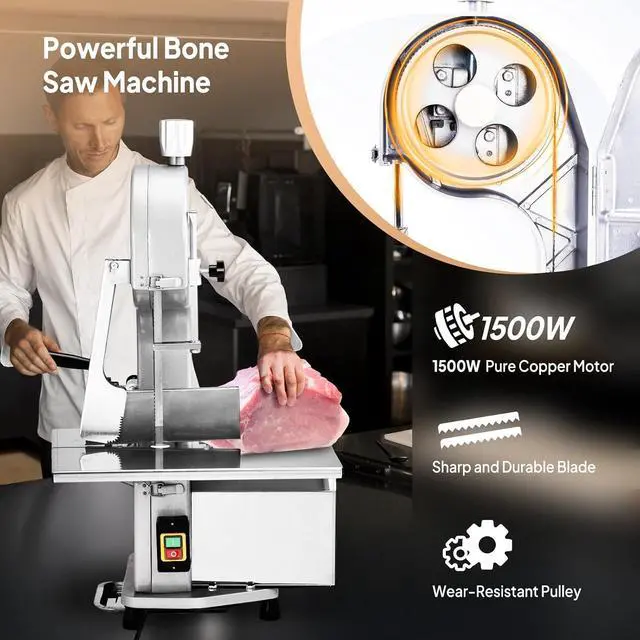Alt view image 4 of 7 - 1500W Electric Bone Saw Machine, 0.16-7.9Inch Cutting Thickness Frozen Meat Cutter with 6 Saw Blades, Commercial Bandsaw Machine Stainless Steel 19.4 x 15.2 In Table for Chicken Fish Beef