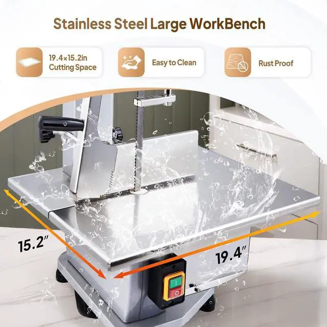 Alt view image 7 of 7 - 1500W Electric Bone Saw Machine, 0.16-7.9Inch Cutting Thickness Frozen Meat Cutter with 6 Saw Blades, Commercial Bandsaw Machine Stainless Steel 19.4 x 15.2 In Table for Chicken Fish Beef