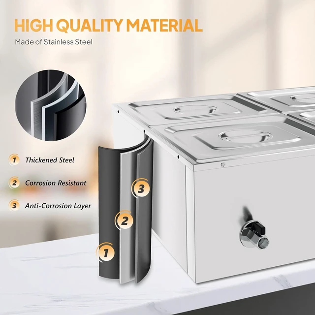 Alt view image 4 of 7 - 42.3 QT 4 Pan Commercial Electric Food Warmer, Counter Top Electric Bain-Marie with Warming Plate, Steam Table Food Warmer for Catering, Parties Buffet and Restaurant, Stainless Steel, 1200W
