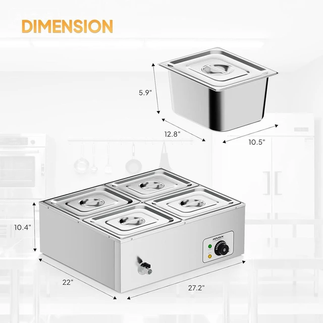 Alt view image 7 of 7 - 42.3 QT 4 Pan Commercial Electric Food Warmer, Counter Top Electric Bain-Marie with Warming Plate, Steam Table Food Warmer for Catering, Parties Buffet and Restaurant, Stainless Steel, 1200W
