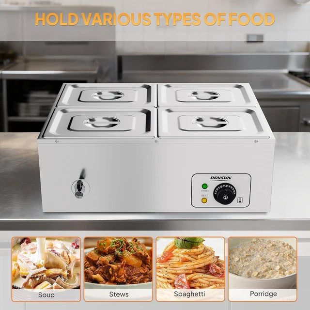 Alt view image 6 of 7 - 42.3 QT 4 Pan Commercial Electric Food Warmer, Counter Top Electric Bain-Marie with Warming Plate, Steam Table Food Warmer for Catering, Parties Buffet and Restaurant, Stainless Steel, 1200W