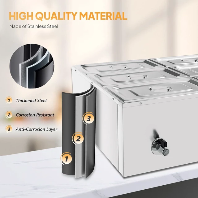 Alt view image 4 of 7 - 42.3 QT 6 Pan Commercial Electric Food Warmer, Counter Top Electric Bain-Marie with Warming Plate, Steam Table Food Warmer for Catering, Parties Buffet and Restaurant, Stainless Steel, 1200W