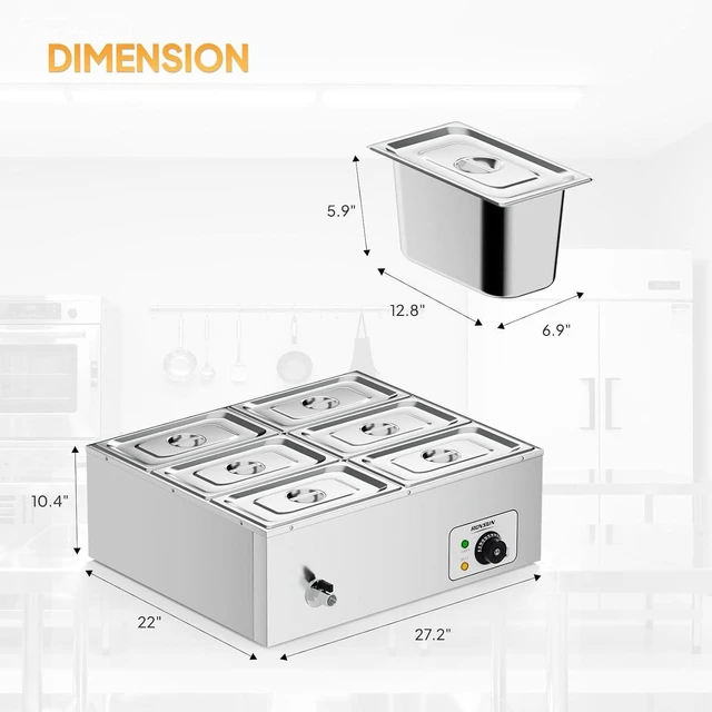 Alt view image 7 of 7 - 42.3 QT 6 Pan Commercial Electric Food Warmer, Counter Top Electric Bain-Marie with Warming Plate, Steam Table Food Warmer for Catering, Parties Buffet and Restaurant, Stainless Steel, 1200W