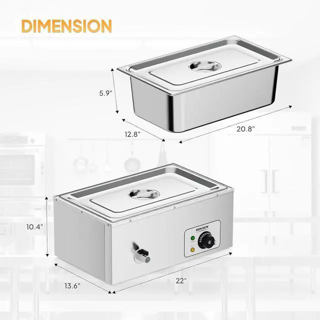 Alt view image 7 of 7 - 21 QT Full Pan Commercial Electric Food Warmer, Counter Top Electric Bain-Marie with Warming Plate, Steam Table Food Warmer for Catering, Parties Buffet and Restaurant, Stainless Steel, 1200W