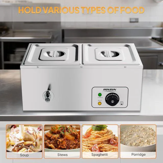 Alt view image 6 of 7 - 21 QT 2 Pan Commercial Electric Food Warmer, Counter Top Electric Bain-Marie with Warming Plate, Steam Table Food Warmer for Catering, Parties Buffet and Restaurant, Stainless Steel, 1200W