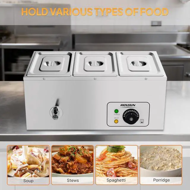 Alt view image 6 of 7 - 21 QT 3 Pan Commercial Electric Food Warmer, Counter Top Electric Bain-Marie with Warming Plate, Steam Table Food Warmer for Catering, Parties Buffet and Restaurant, Stainless Steel, 1200W