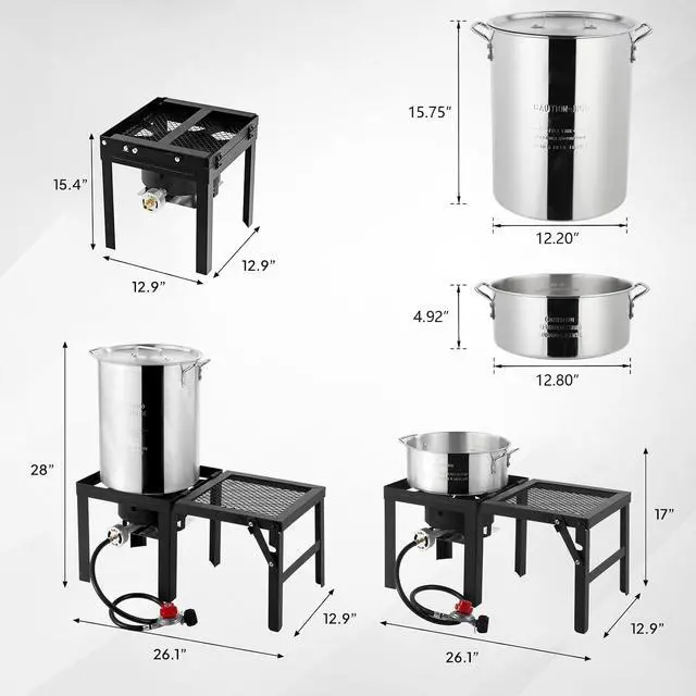 Alt view image 6 of 7 - 30QT Turkey Fryer and 10QT Fish Fryer Kit, 54000BTU Propane Gas Stove with Foldable Side Table, Outdoor Aluminum Deep Fryer Pot for Seafood Boiling with Lifting Hook, Turkey Rack & Thermometer