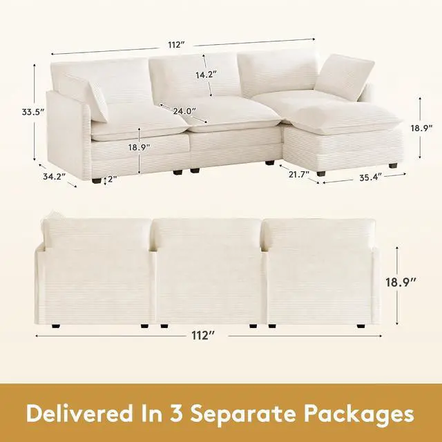 Alt view image 2 of 7 - 112'' Oversized Modular Sectional Cloud Couch with Movable Ottoman, 4 Seat Modern Corduroy Sofa, Deep Seat L Shaped Couch for Living Room Bedroom Apartment, Cream