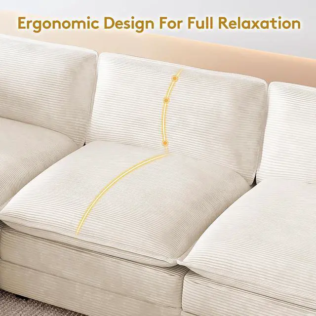 Alt view image 4 of 7 - 112'' Oversized Modular Sectional Cloud Couch with Movable Ottoman, 4 Seat Modern Corduroy Sofa, Deep Seat L Shaped Couch for Living Room Bedroom Apartment, Cream
