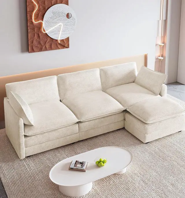 Main image of 112'' Oversized Modular Sectional Cloud Couch with Movable Ottoman, 4 Seat Modern Corduroy Sofa, Deep Seat L Shaped Couch for Living Room Bedroom Apartment, Cream