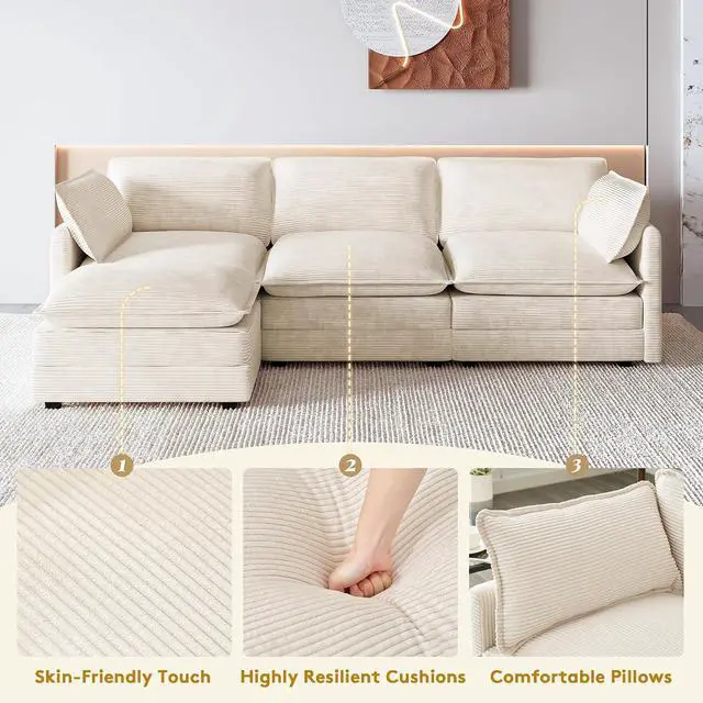 Alt view image 3 of 7 - 112'' Oversized Modular Sectional Cloud Couch with Movable Ottoman, 4 Seat Modern Corduroy Sofa, Deep Seat L Shaped Couch for Living Room Bedroom Apartment, Cream