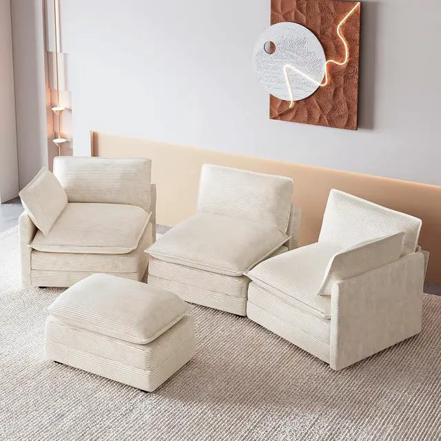 Alt view image 7 of 7 - 112'' Oversized Modular Sectional Cloud Couch with Movable Ottoman, 4 Seat Modern Corduroy Sofa, Deep Seat L Shaped Couch for Living Room Bedroom Apartment, Cream