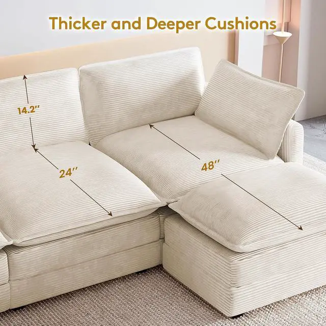 Alt view image 5 of 7 - 112'' Oversized Modular Sectional Cloud Couch with Movable Ottoman, 4 Seat Modern Corduroy Sofa, Deep Seat L Shaped Couch for Living Room Bedroom Apartment, Cream
